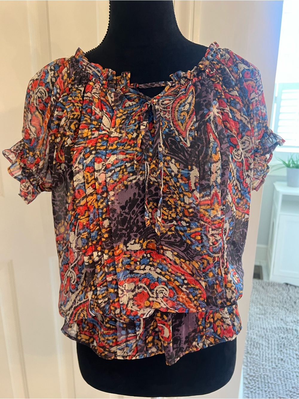 Outback Red Paisley Ruffle Tie-Neck Blouse in Red, Blue & Purple